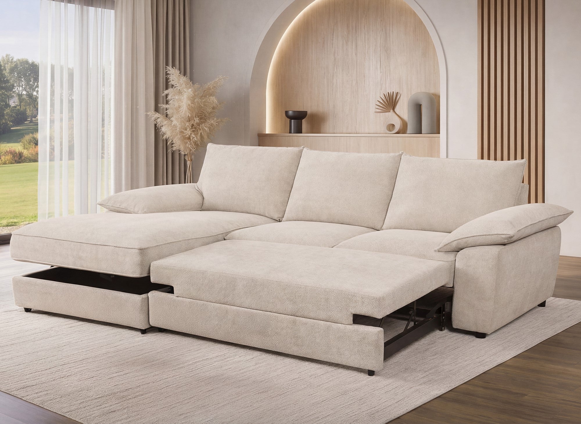 Divano angolare trasformabile con box contenitore in velluto screziato beige GABIN - Angolo sinistro
