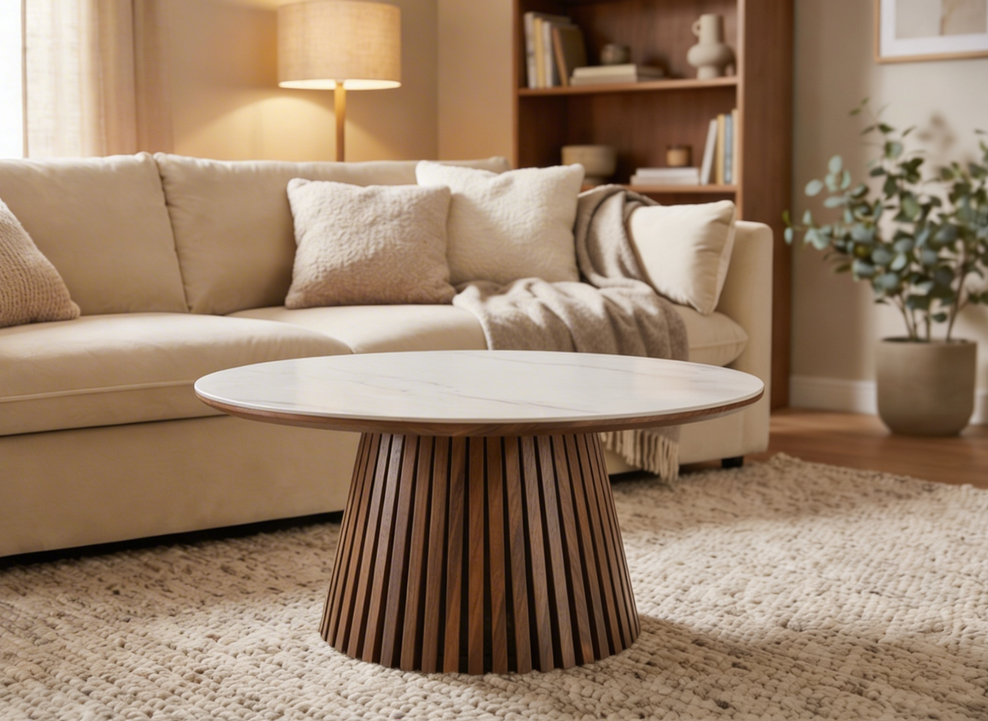 Tavolino rotondo in legno scuro con piano in ceramica bianca HEKA