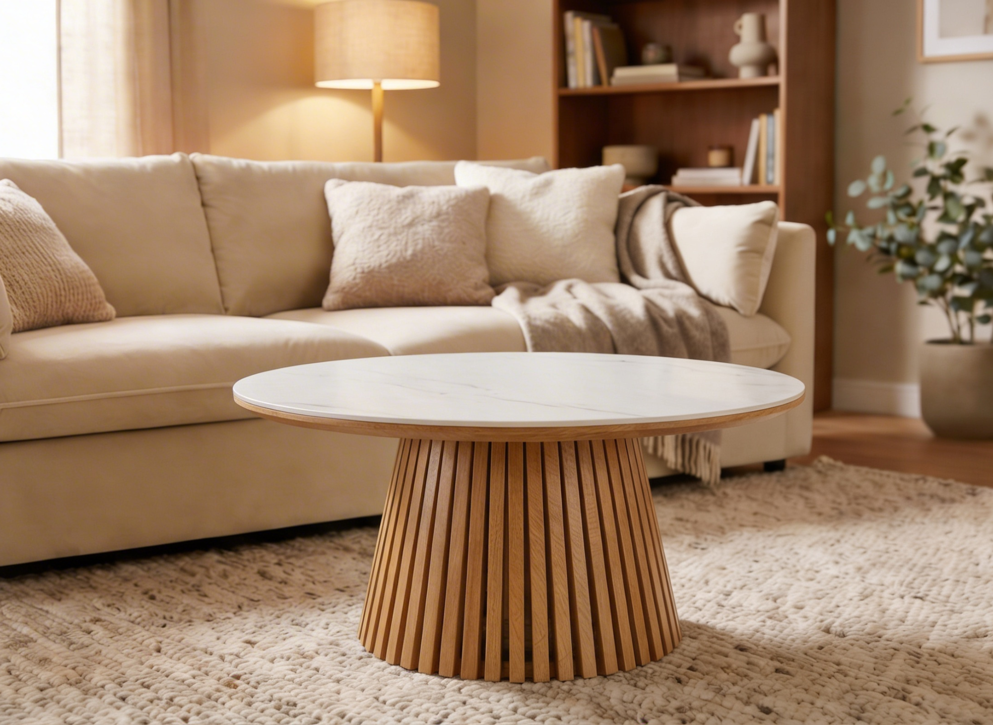 Tavolino rotondo in legno chiaro con piano in ceramica bianca HEKA