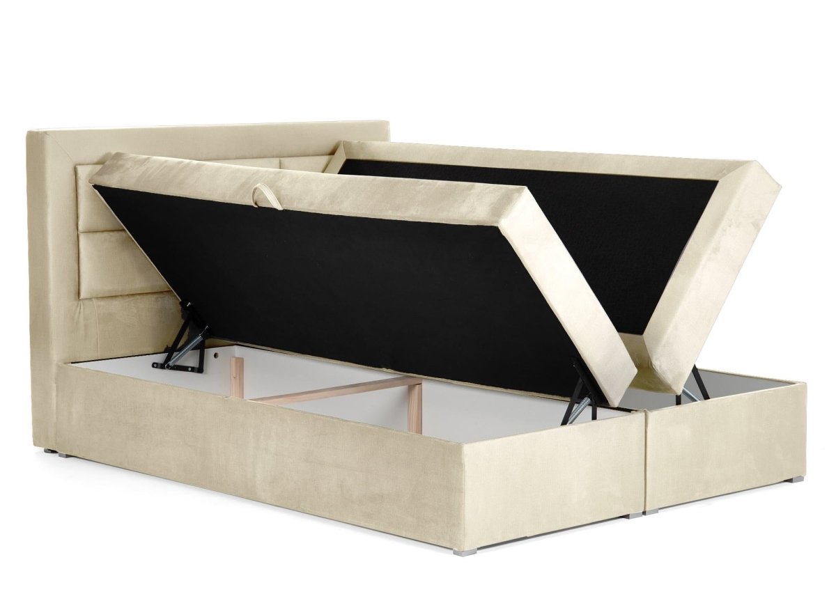 Lit boxspring 140x200 avec coffre de rangement en velours beige DAKOTA - DécoInParis