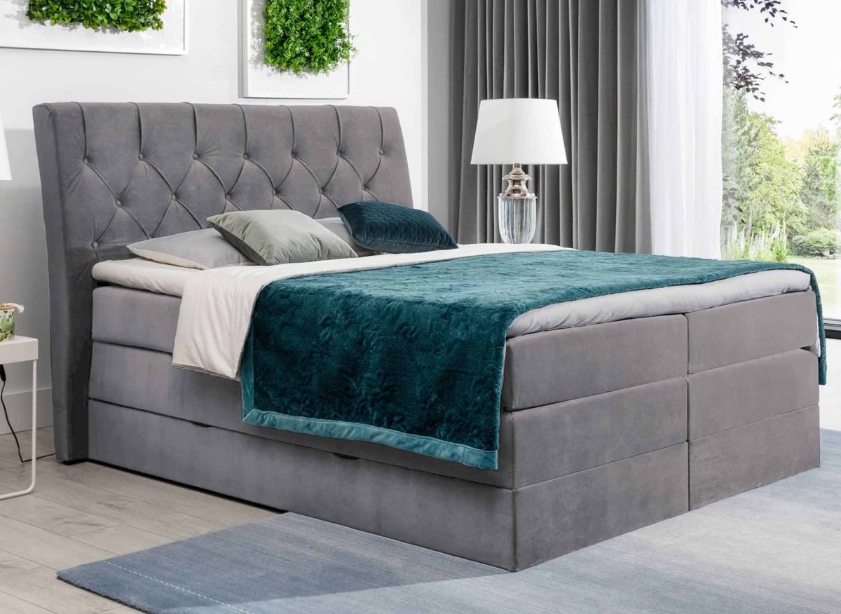 Lit boxspring 140x200 avec coffre de rangement en velours gris MIRANDA - DécoInParis