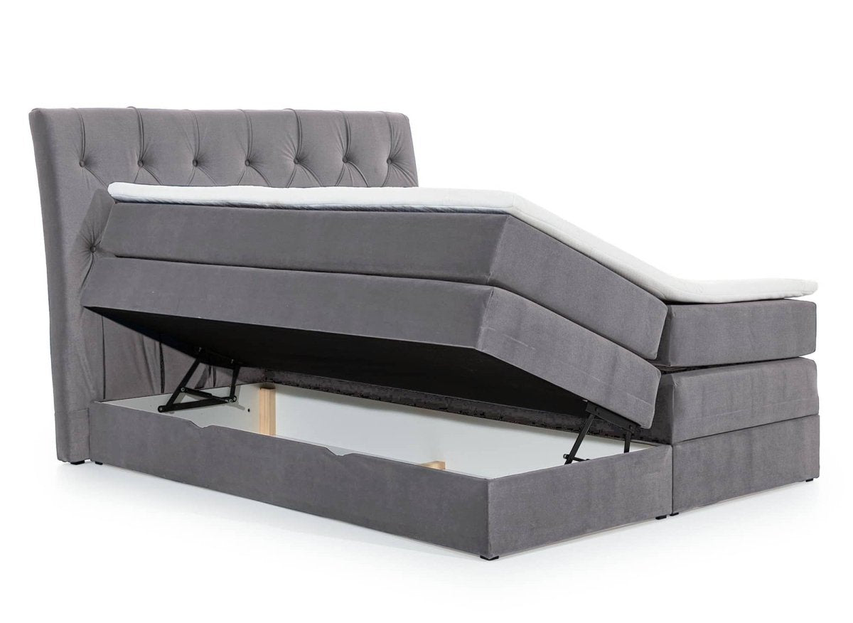 Lit boxspring 140x200 avec coffre de rangement en velours gris MIRANDA - DécoInParis