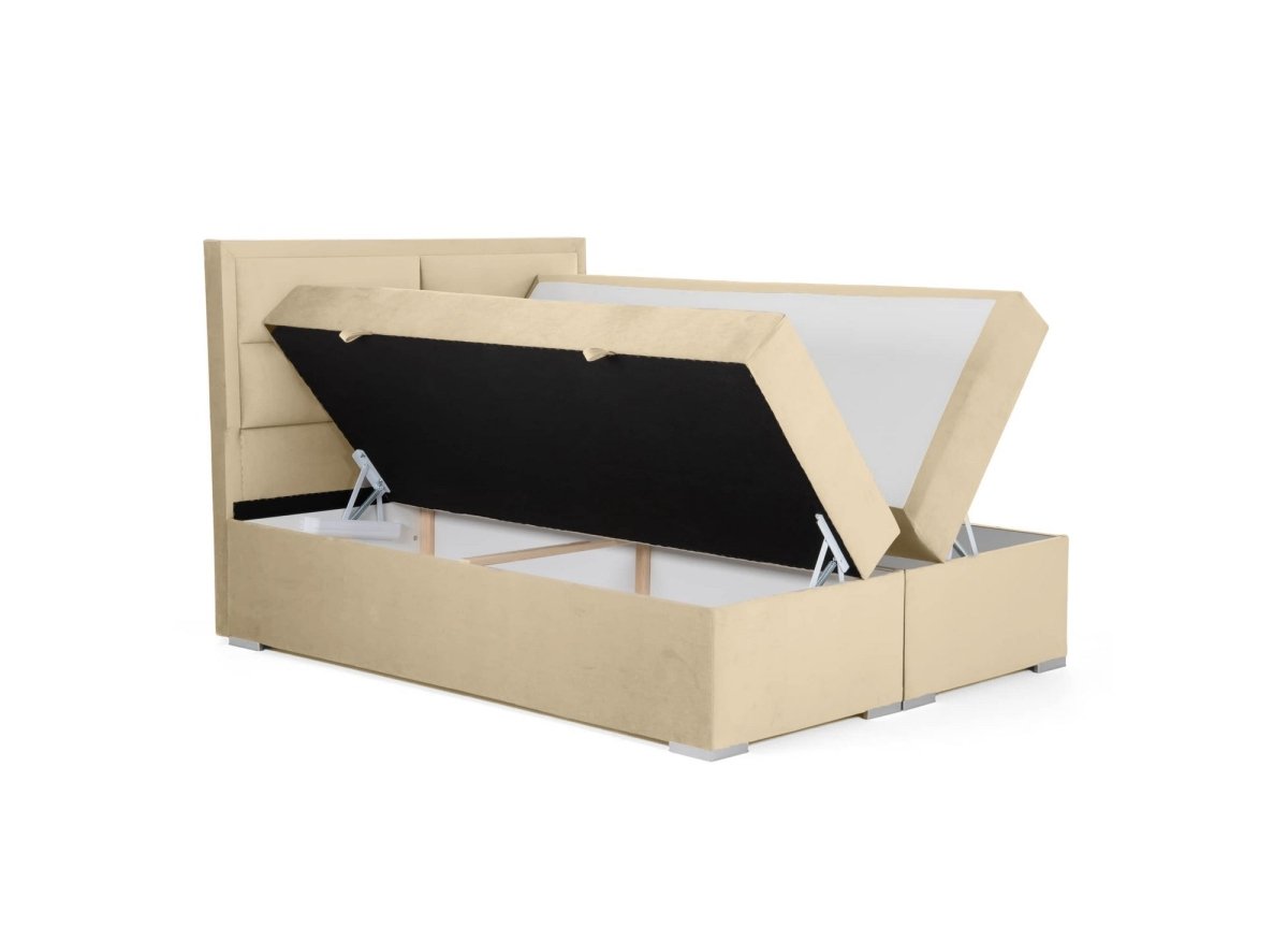 Lit boxspring 160x200 avec coffre de rangement en velours beige AMELIA - DécoInParis