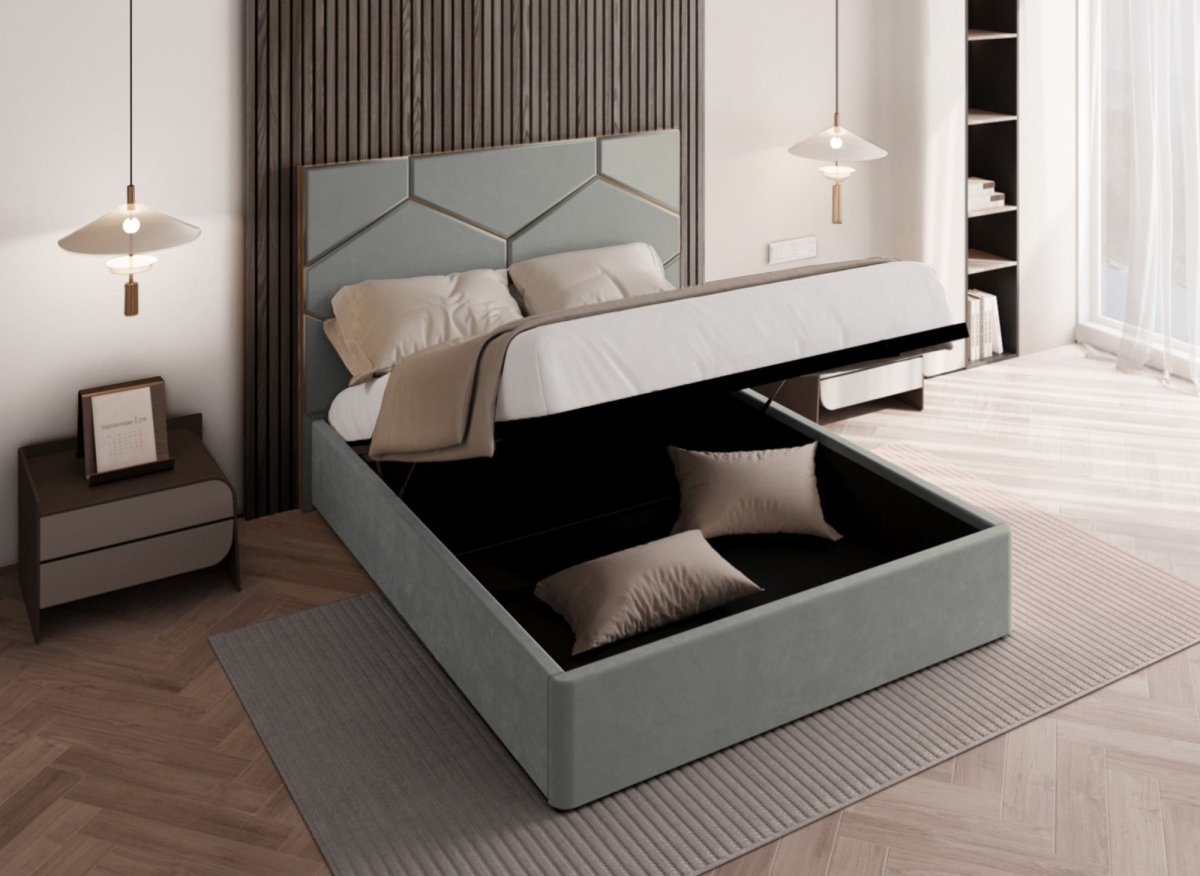 Lit coffre avec tête de lit design en velours gris LARA 140 x 190 cm - DécoInParis