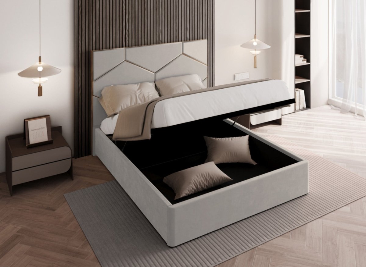 Lit coffre avec tête de lit design en velours taupe LARA 140 x 190 cm - DécoInParis