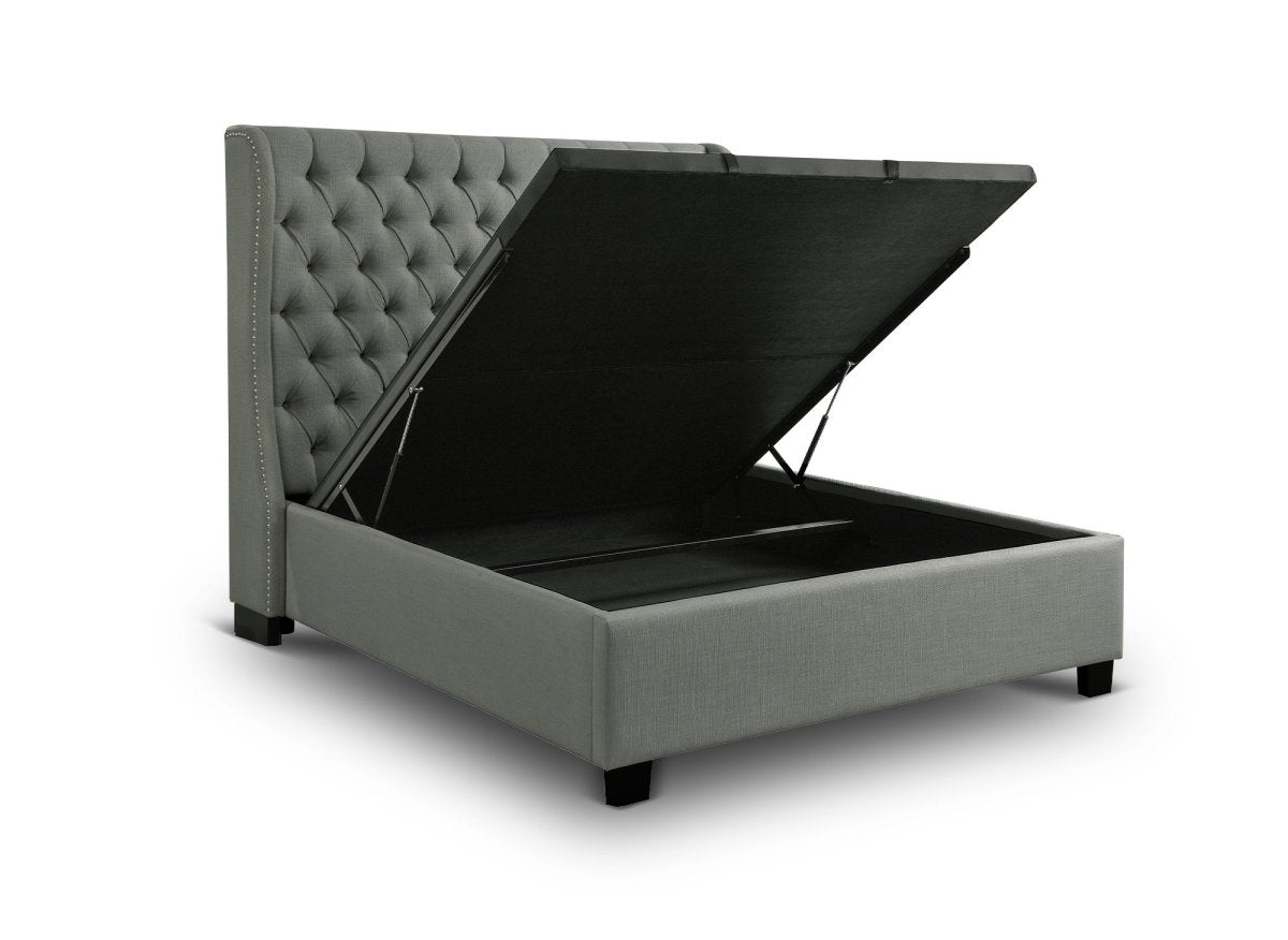 Lit coffre capitonné en tissu lin gris FLORINE 140 x 190 cm - DécoInParis