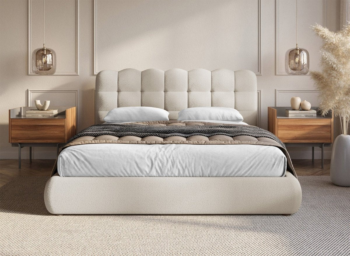 Lit coffre en tissu bouclette beige 180x200 cm BISCUIT - DécoInParis