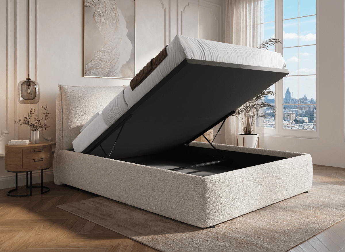 Lit coffre en tissu bouclette beige 180x200 cm MELY - DécoInParis