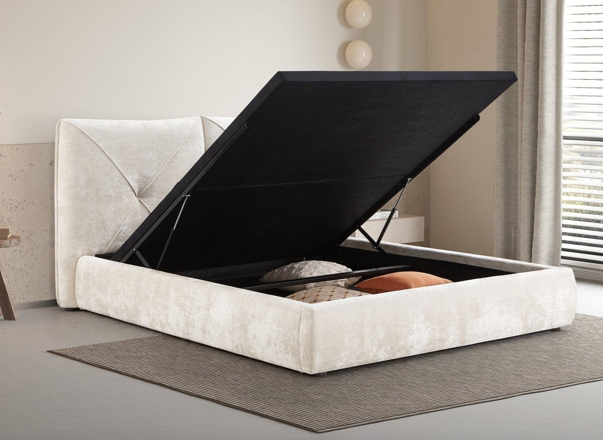 Lit coffre en tissu bouclette doux beige 160x200 cm NOAH - DécoInParis