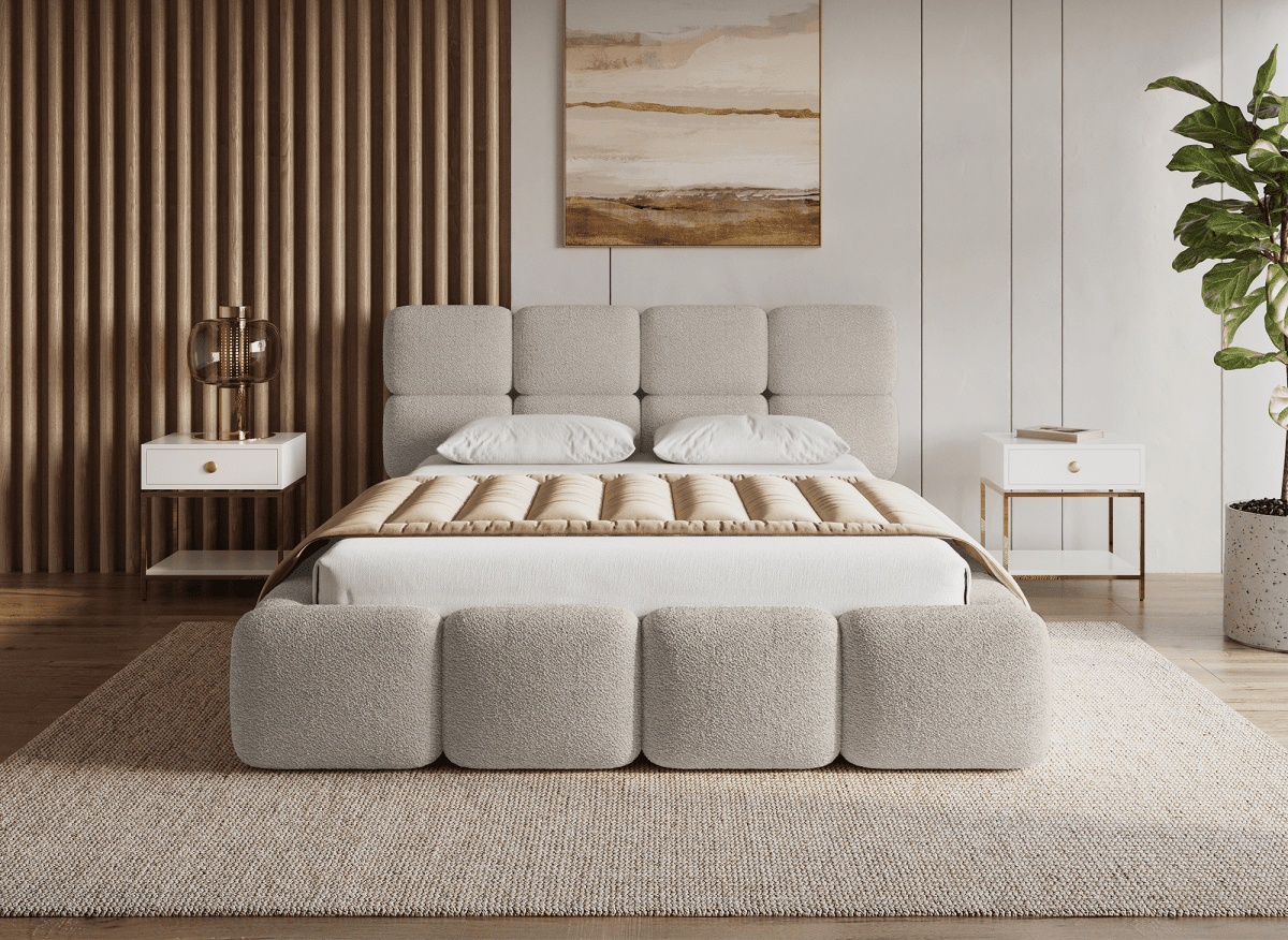 Lit coffre en tissu bouclette taupe 160x200 cm BUBBLE - DécoInParis