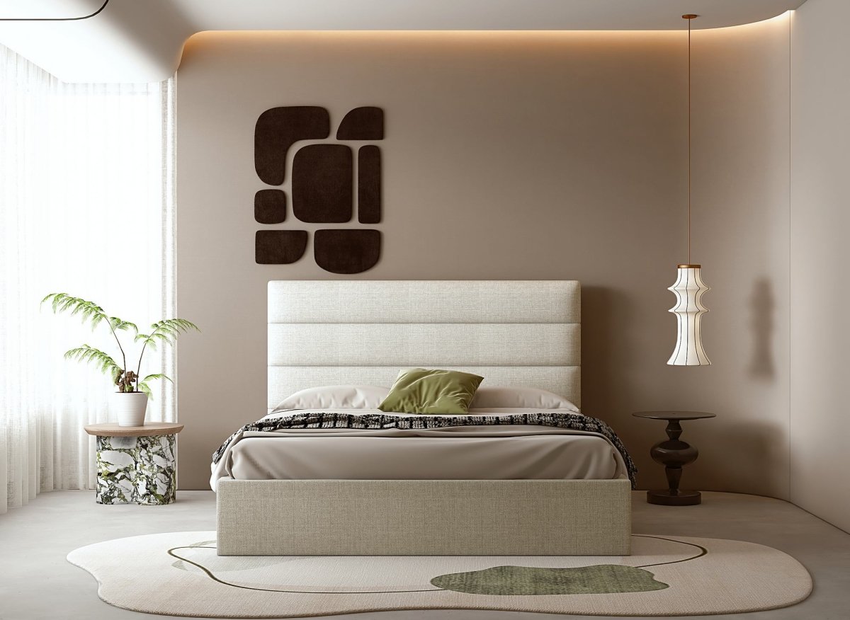 Lit coffre en tissu lin beige 140 x 190 cm SHANNA - DécoInParis