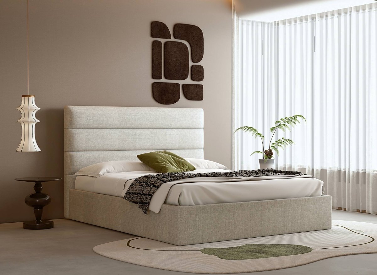 Lit coffre en tissu lin beige 180 x 200 cm SHANNA - DécoInParis