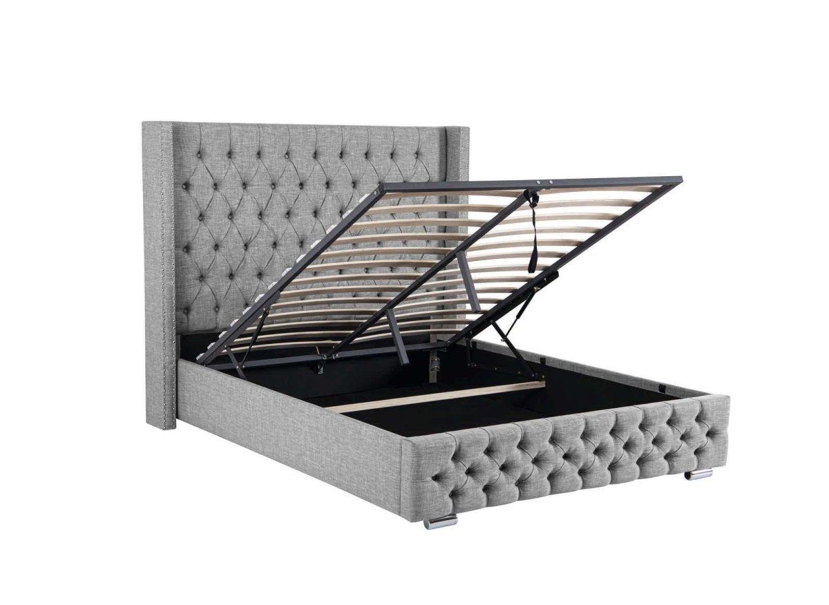 Lit coffre en tissu lin gris 180x200 cm MAXI - DécoInParis