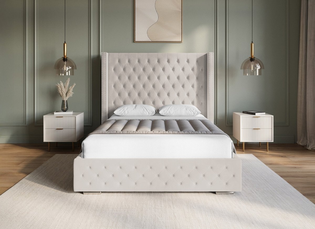 Lit coffre en velours beige 140x190 cm MAXI - DécoInParis