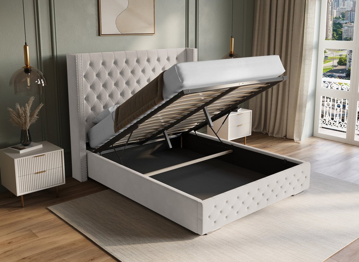 Lit coffre en velours beige 160x200 cm MAXI - DécoInParis