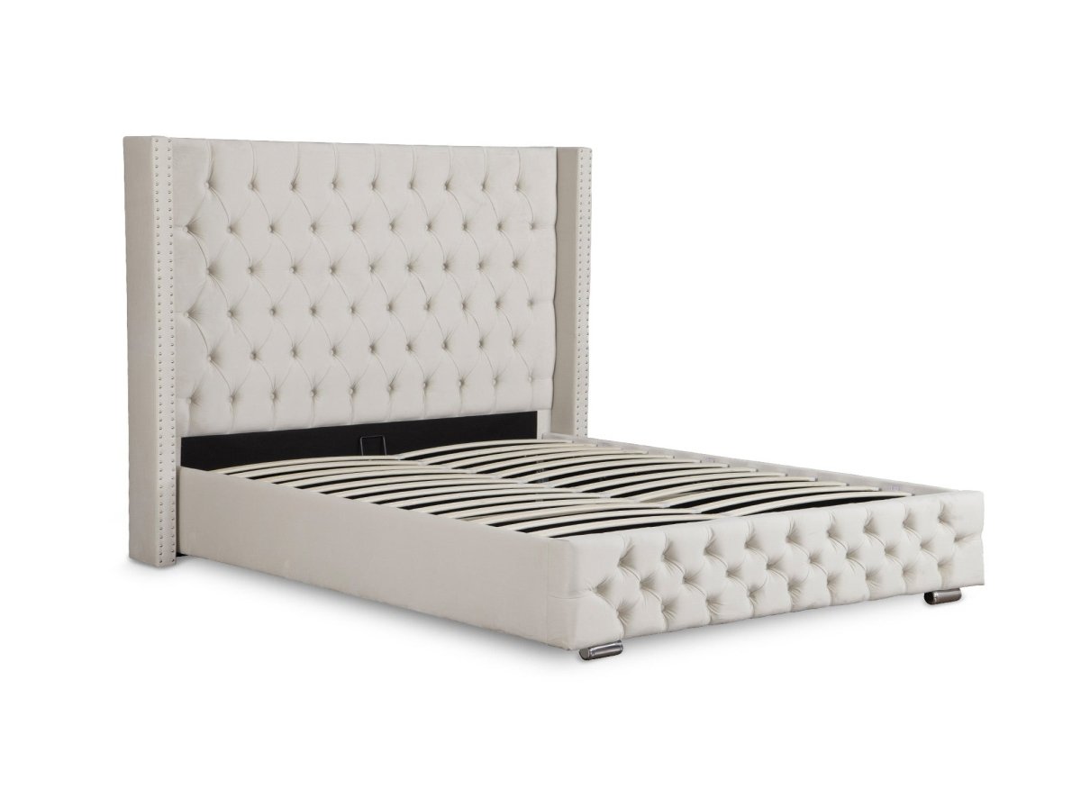 Lit coffre en velours beige 180x200 cm MAXI - DécoInParis