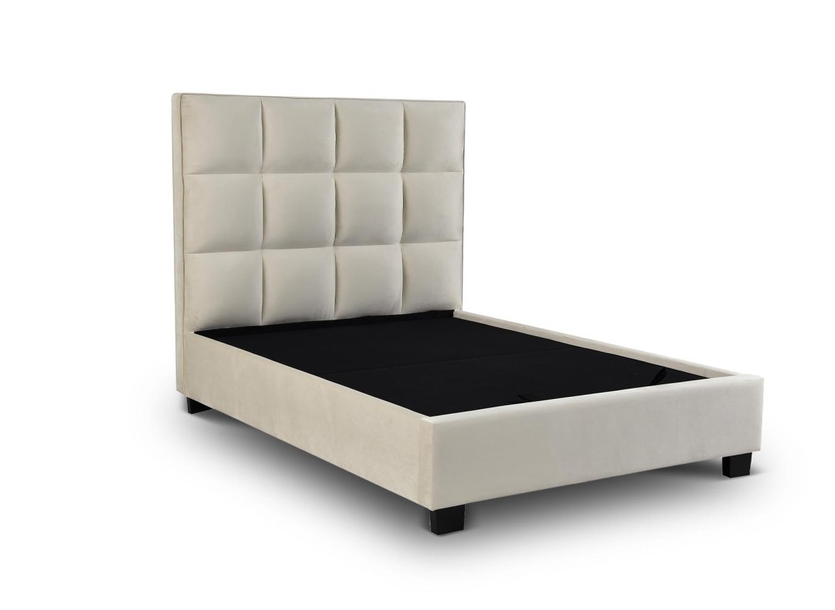 Lit coffre en velours beige design CAROLINE 140 x 190 cm - DécoInParis