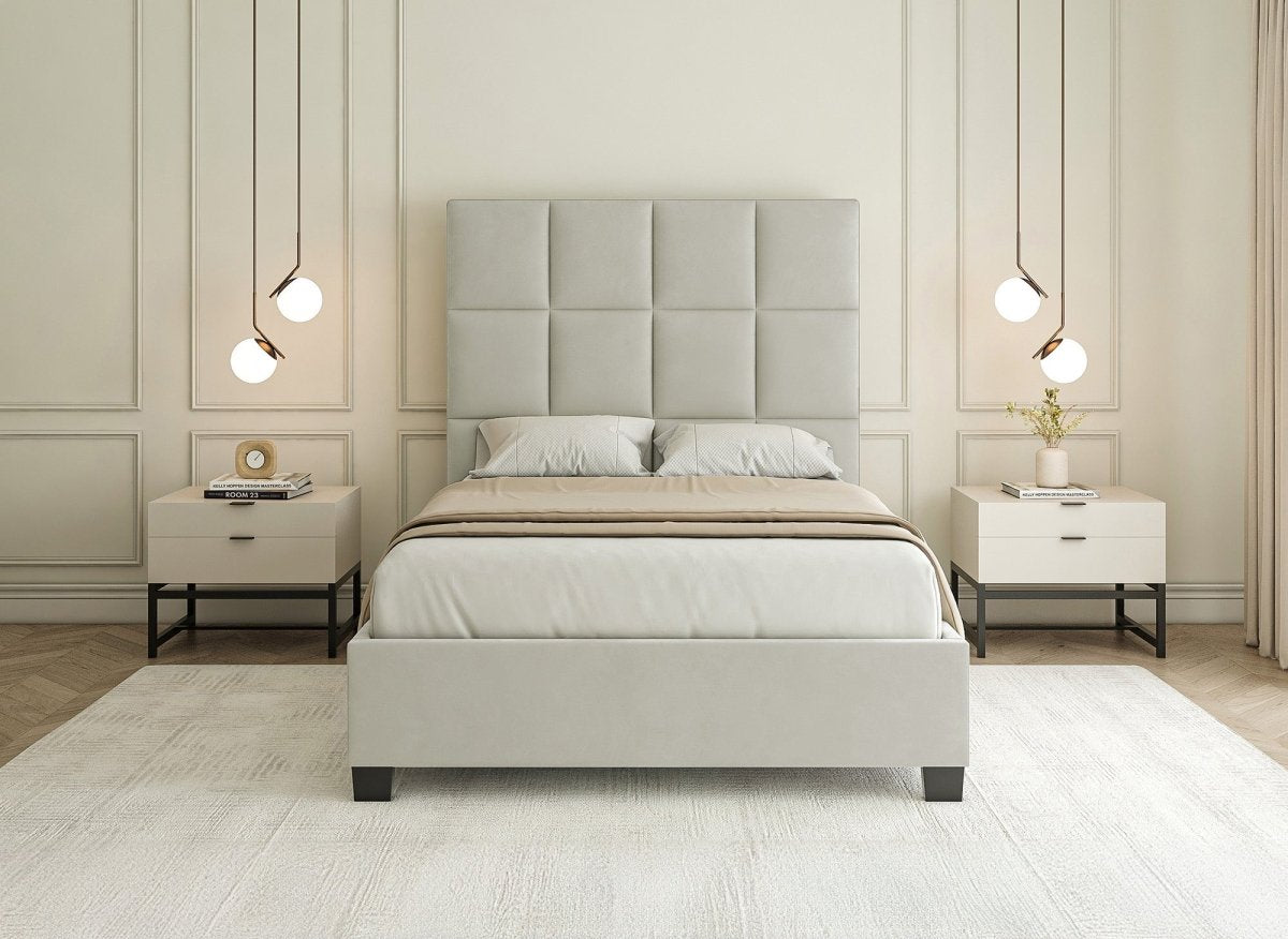 Lit coffre en velours beige design CAROLINE 140 x 190 cm - DécoInParis