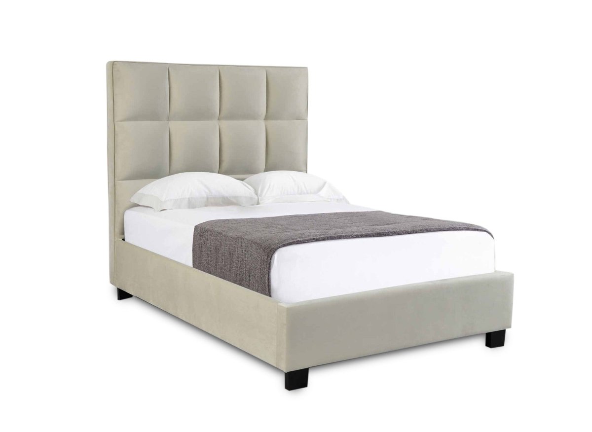 Lit coffre en velours beige design CAROLINE 140 x 190 cm - DécoInParis