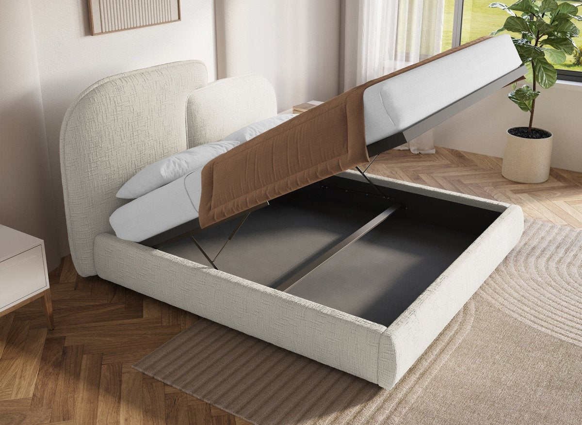 Lit coffre en velours chiné beige 160x200 cm MILENA - DécoInParis