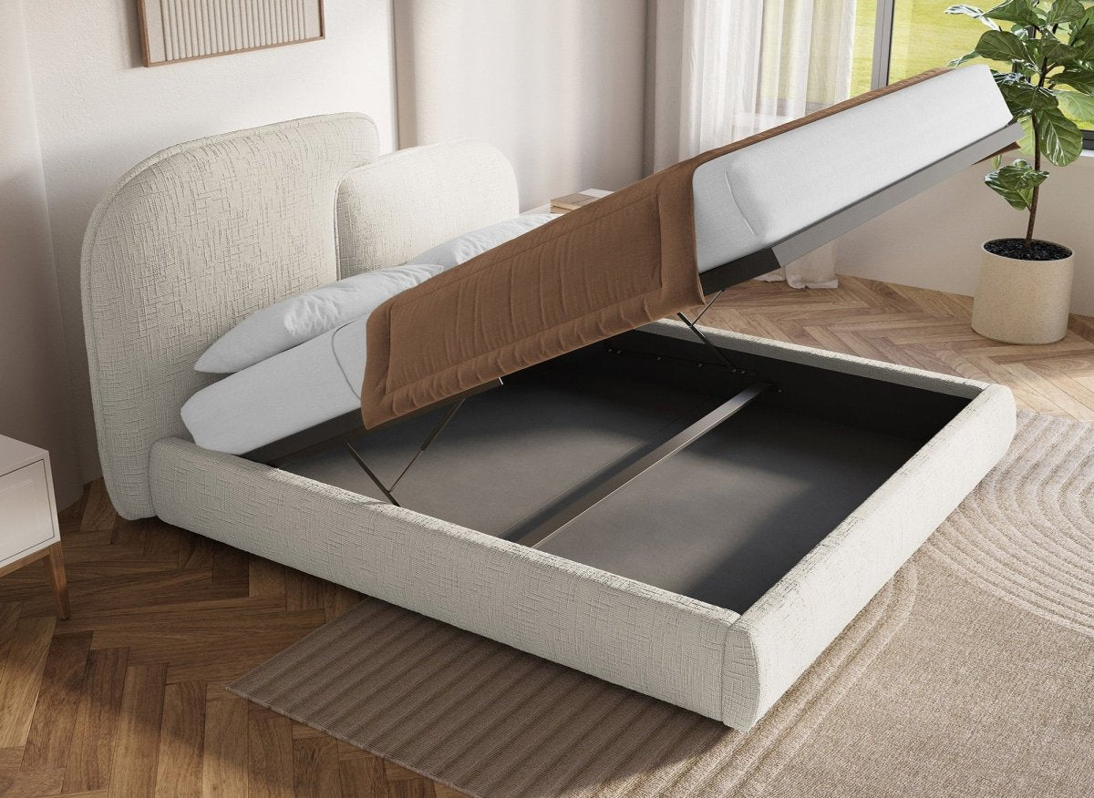 Lit coffre en velours chiné beige 180x200 cm MILENA - DécoInParis