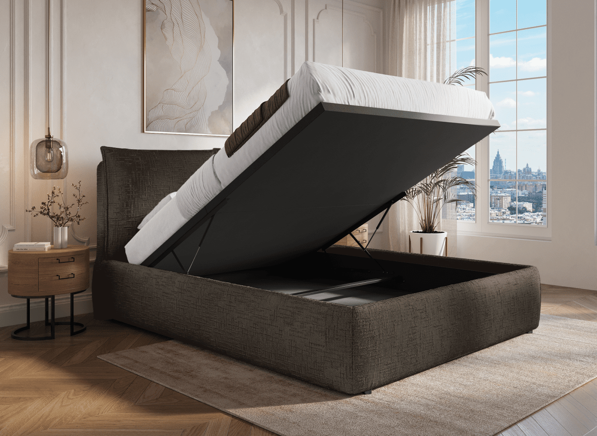 Lit coffre en velours chiné marron 140x190 cm MELY - DécoInParis