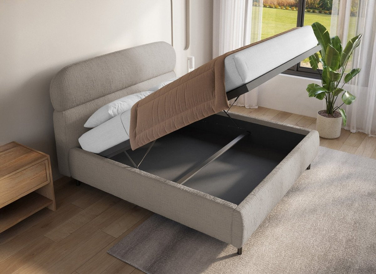 Lit coffre en velours chiné taupe 140x190cm MELO - DécoInParis