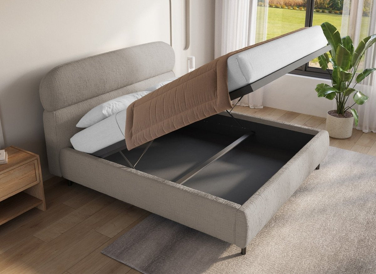 Lit coffre en velours chiné taupe 160x200cm MELO - DécoInParis