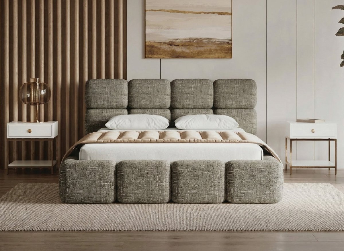 Lit coffre en velours chiné vert olive 160x200 cm BUBBLE - DécoInParis