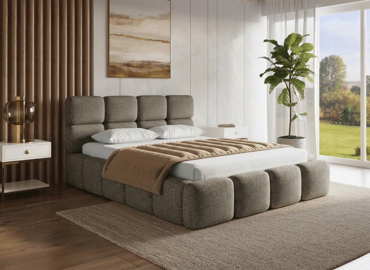 Lit coffre en velours chiné vert olive 160x200 cm BUBBLE - DécoInParis