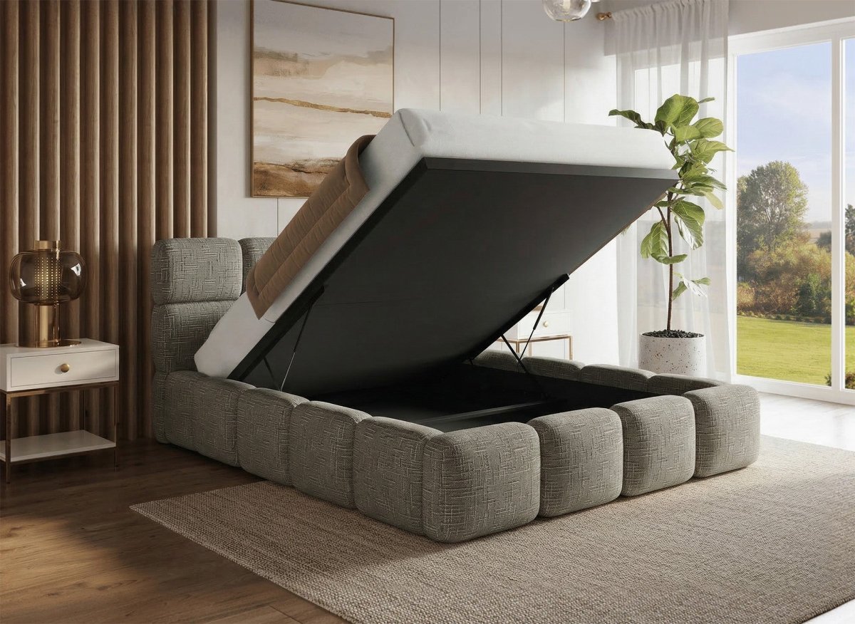 Lit coffre en velours chiné vert olive 160x200 cm BUBBLE - DécoInParis