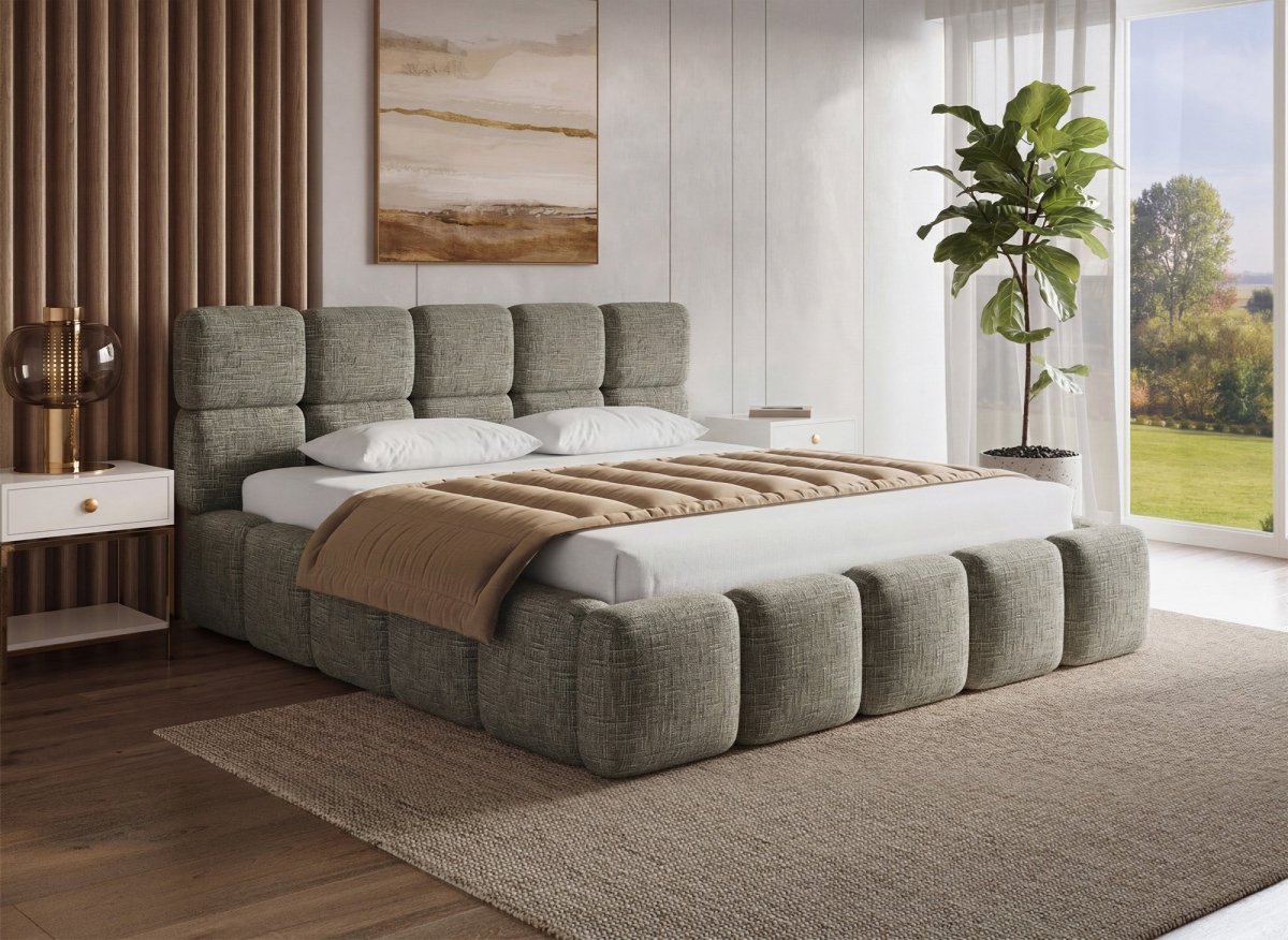 Lit coffre en velours chiné vert olive 180x200 cm BUBBLE - DécoInParis