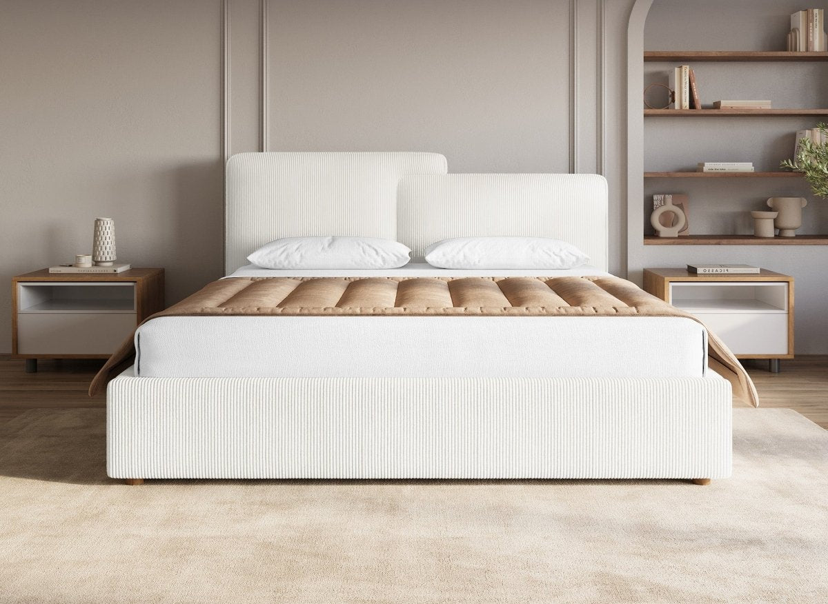 Lit coffre en velours côtelé écru 160x200 cm ZELIA - DécoInParis