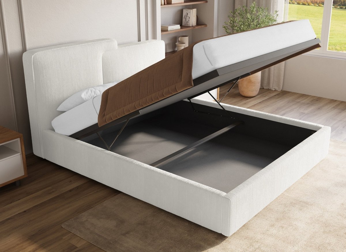 Lit coffre en velours côtelé écru 180x200 cm ZELIA - DécoInParis