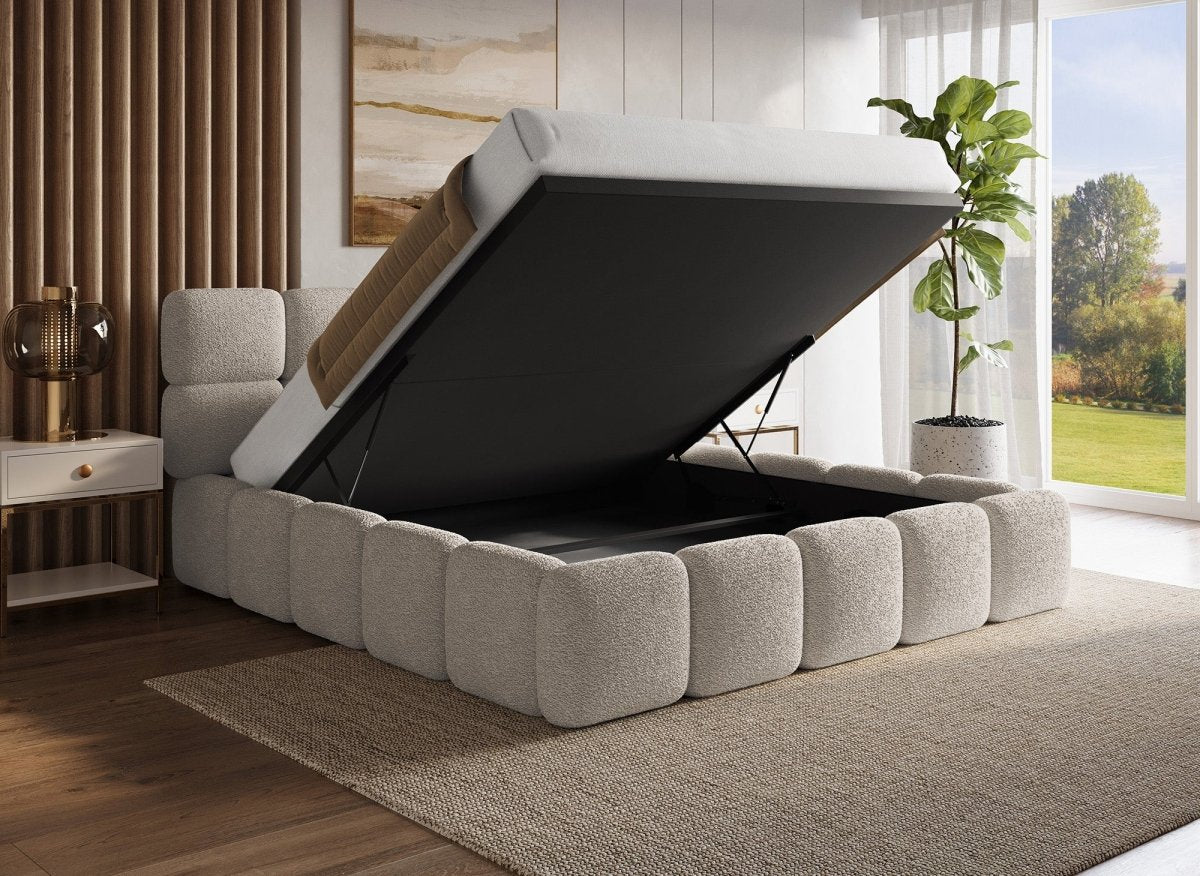 Lit coffre tissu bouclette taupe 180x200 cm BUBBLE - DécoInParis