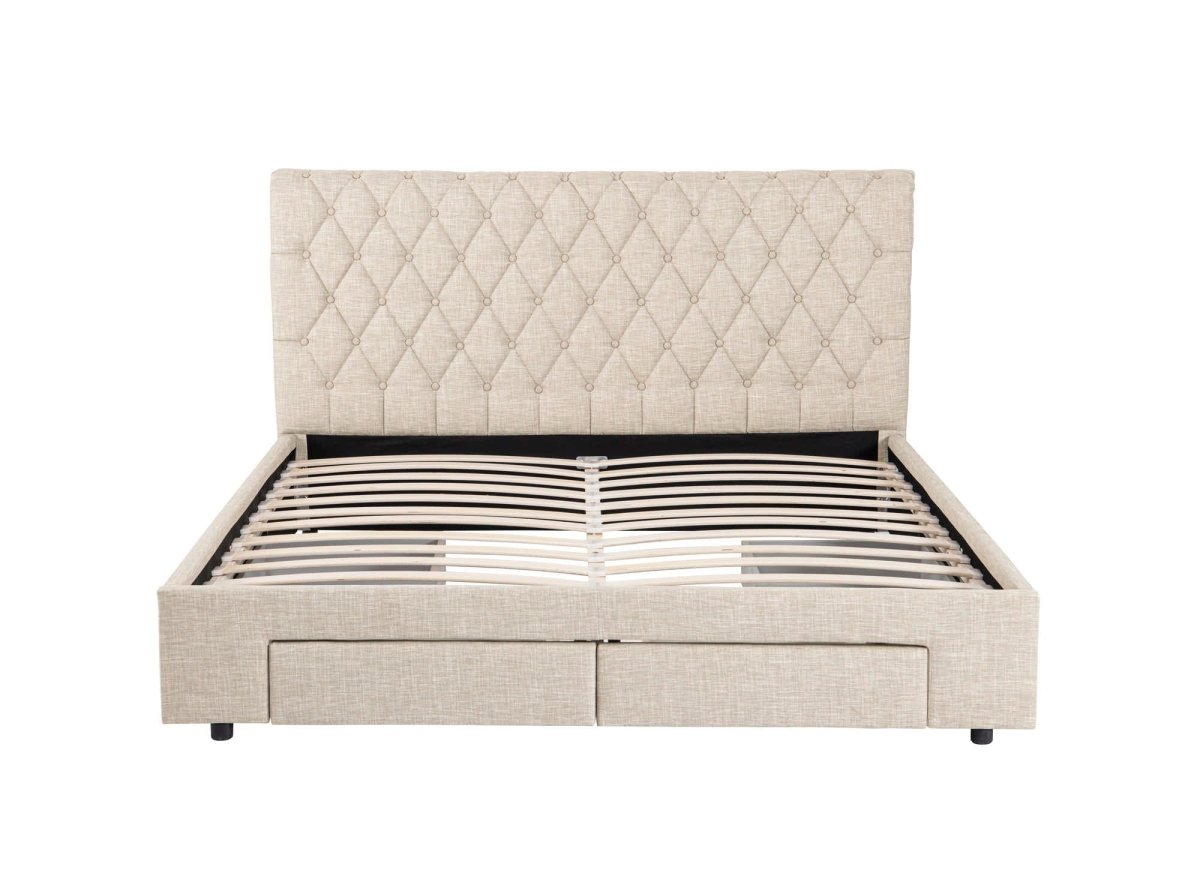 Lit double avec 4 tiroirs en lin beige 160x200 cm LEANDRE - DécoInParis