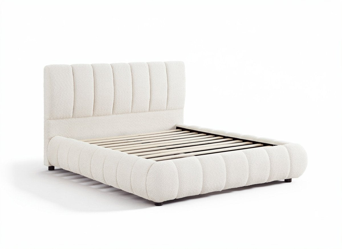 Lit double en tissu bouclette beige 140x190 cm RILEY - DécoInParis