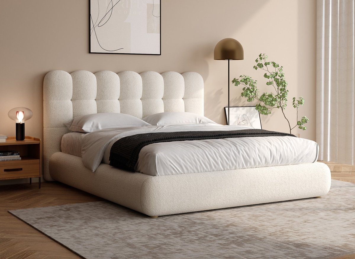 Lit double en tissu bouclette beige 140x190cm BISCUIT - DécoInParis