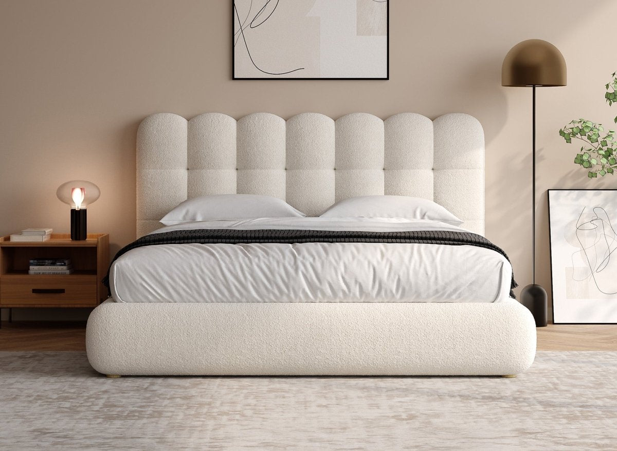 Lit double en tissu bouclette beige 140x190cm BISCUIT - DécoInParis