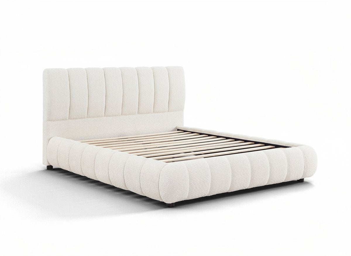 Lit double en tissu bouclette beige 160x200 cm RILEY - DécoInParis