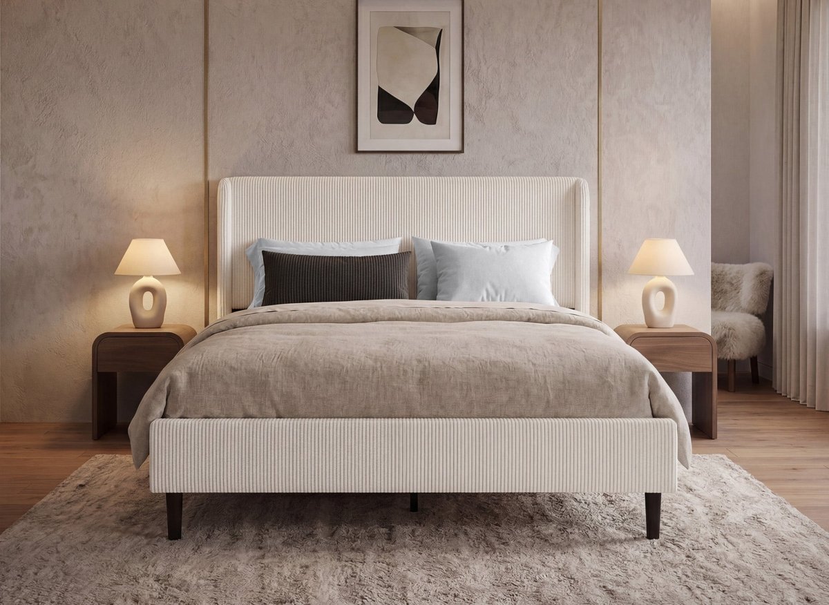 Lit double en velours côtelé épais beige 140x190cm LEVY - DécoInParis