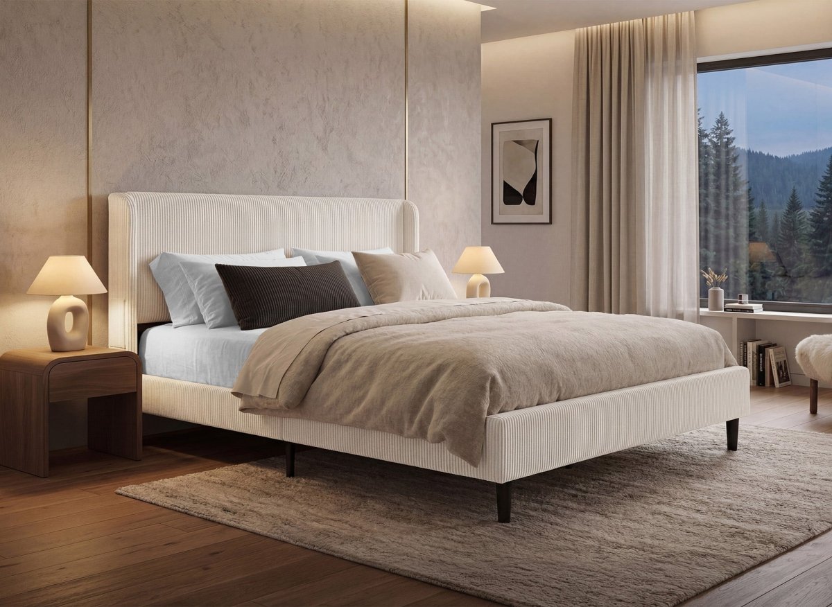 Lit double en velours côtelé épais beige 160x200cm LEVY - DécoInParis