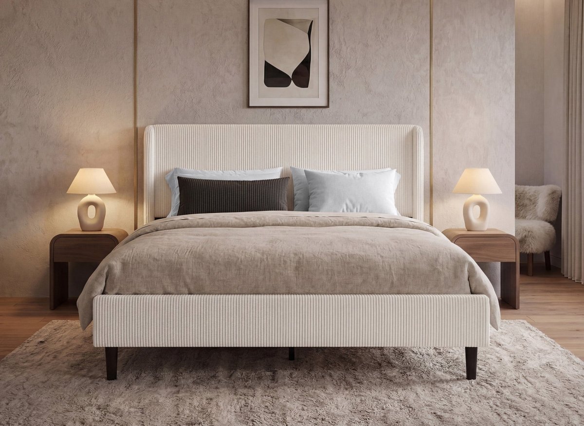 Lit double en velours côtelé épais beige 160x200cm LEVY - DécoInParis