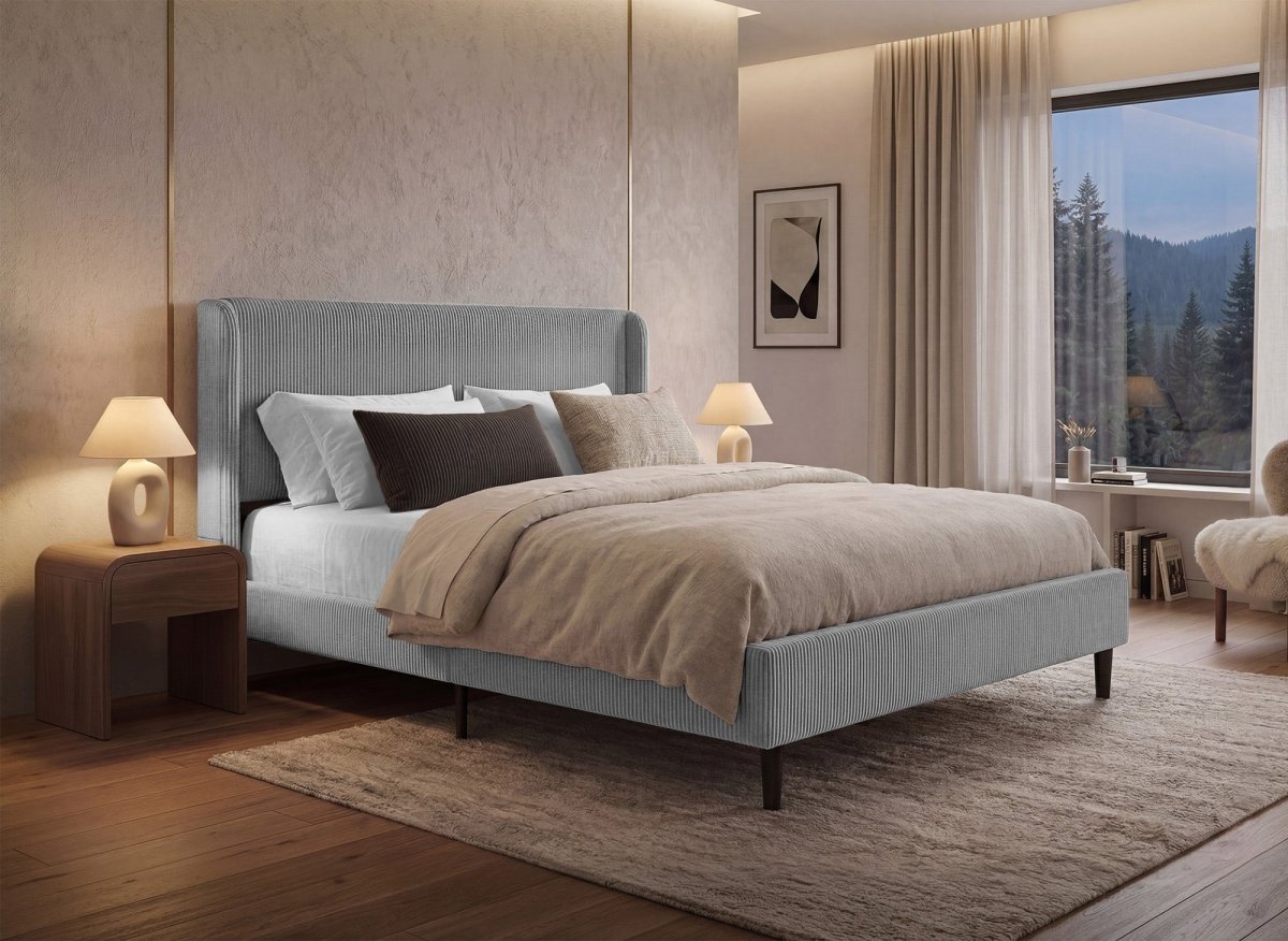 Lit double en velours côtelé épais gris clair 140x190cm LEVY - DécoInParis