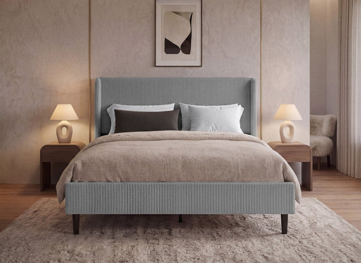 Lit double en velours côtelé épais gris clair 140x190cm LEVY - DécoInParis