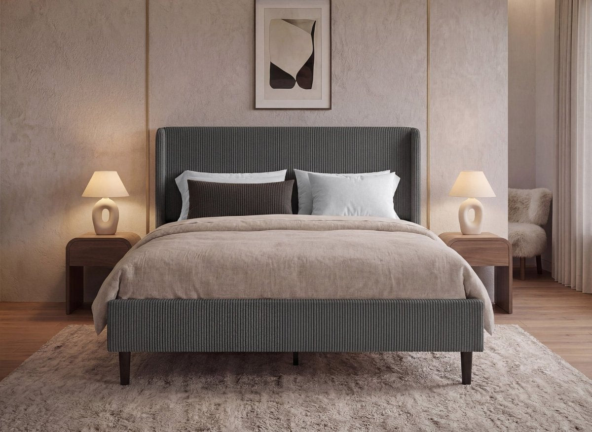 Lit double en velours côtelé épais gris foncé 140x190cm LEVY - DécoInParis