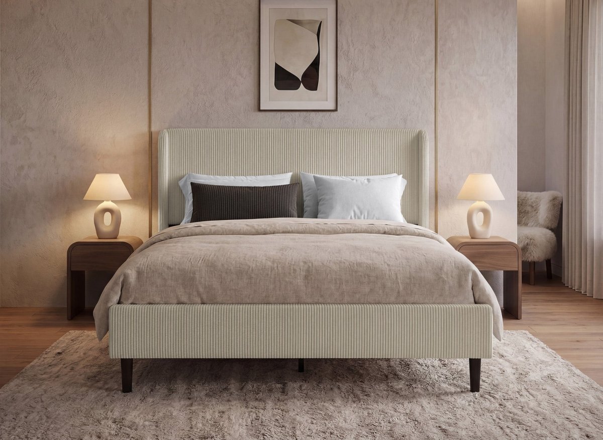 Lit double en velours côtelé épais taupe 140x190cm LEVY - DécoInParis