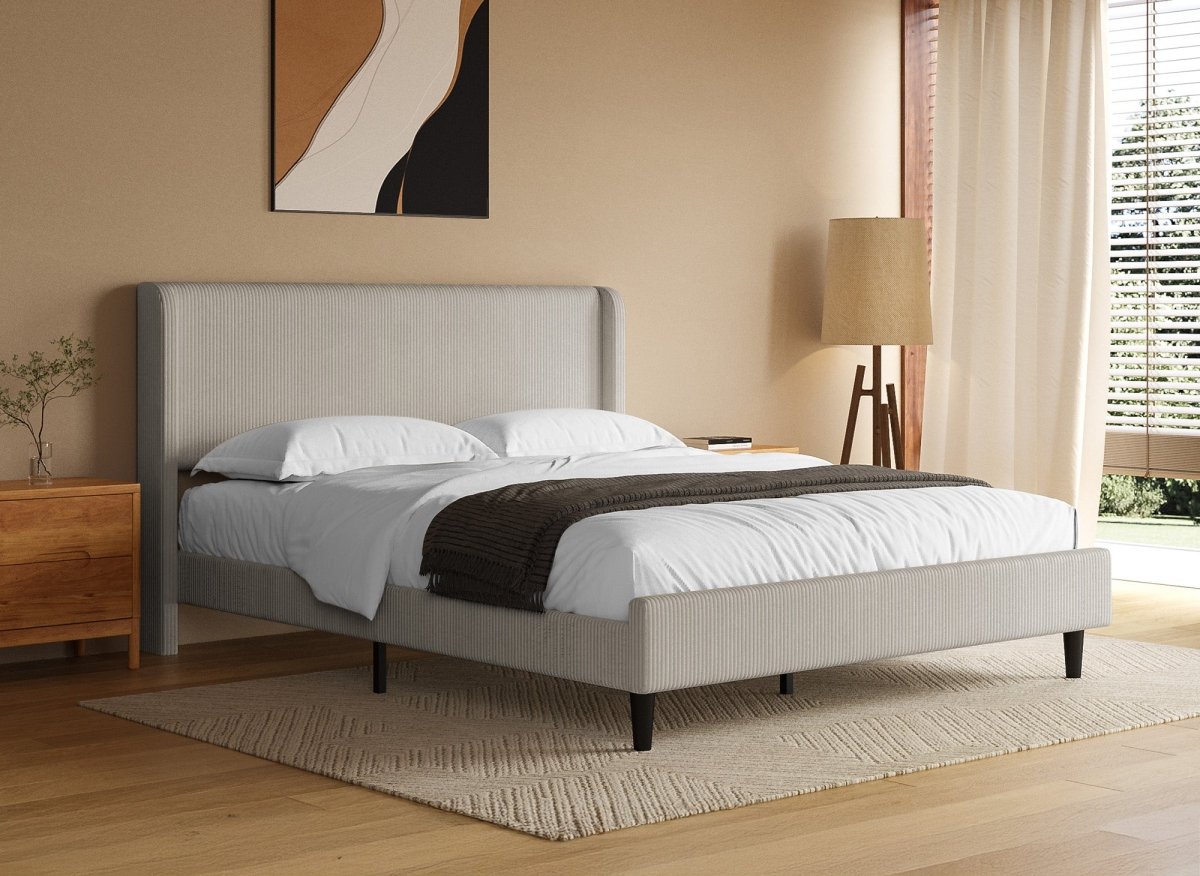 Lit double en velours côtelé épais taupe 160x200cm LEVY - DécoInParis