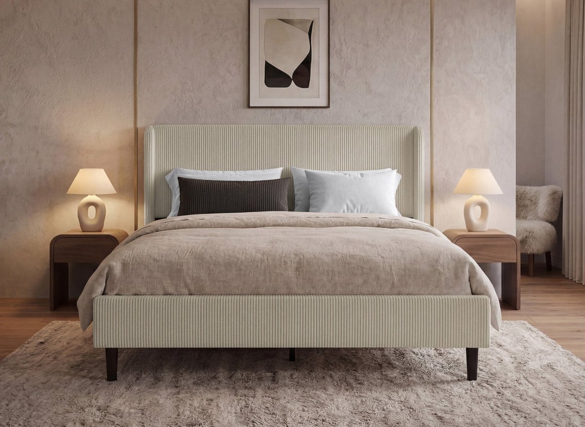 Lit double en velours côtelé épais taupe 160x200cm LEVY - DécoInParis