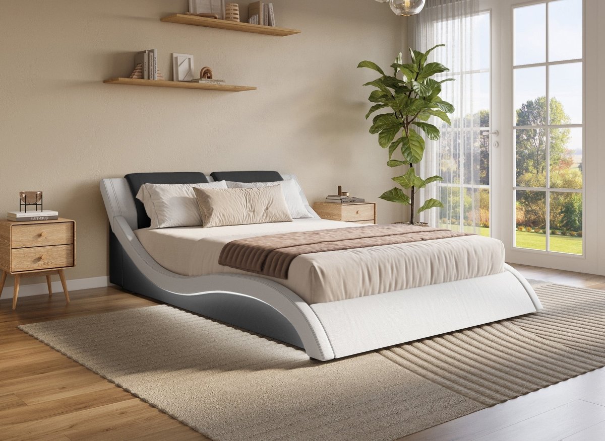 Lit en simili cuir noir et blanc avec LED 180x200 cm ZEDA - DécoInParis